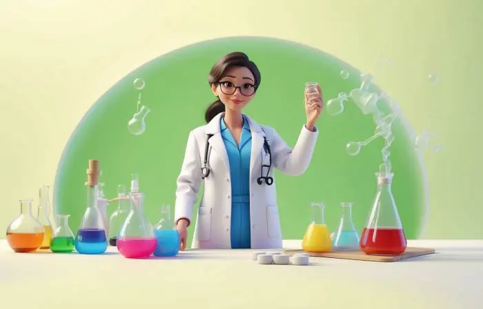 Female Scientist and Lab Instruments 3D Character Illustration